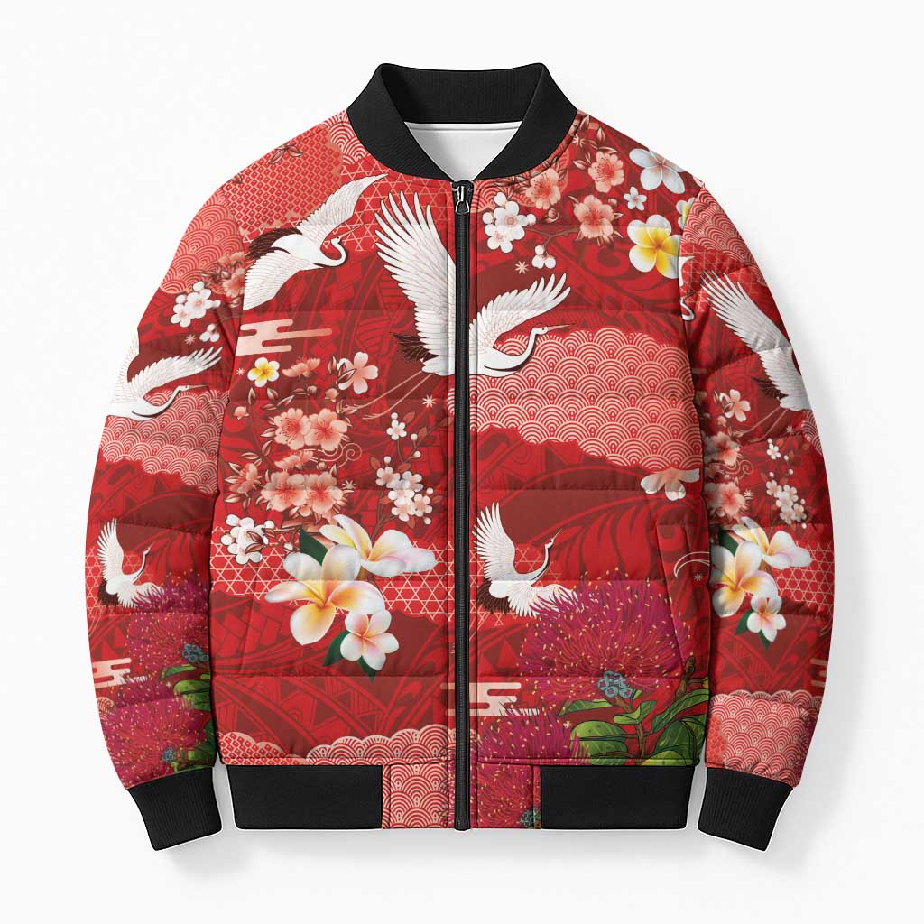 Hawaiian and Japanese Culture Together Bomber Puffer Jacket Red Ohia Lehua Plumeria and Sakura Blooming - Polynesian Pride
