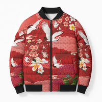 Hawaiian and Japanese Culture Together Bomber Puffer Jacket Red Ohia Lehua Plumeria and Sakura Blooming - Polynesian Pride