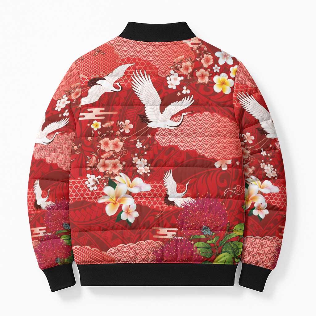 Hawaiian and Japanese Culture Together Bomber Puffer Jacket Red Ohia Lehua Plumeria and Sakura Blooming - Polynesian Pride