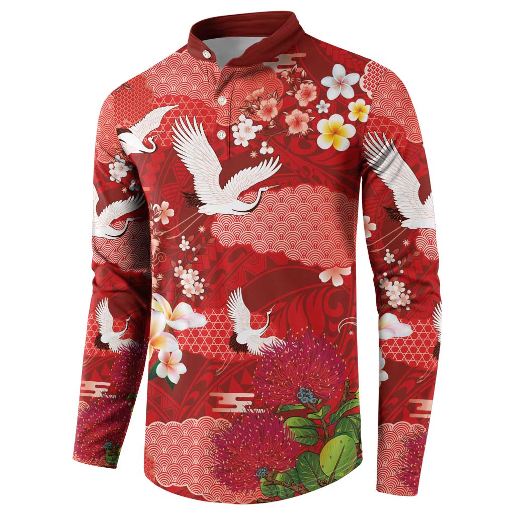 Hawaiian and Japanese Culture Together Button Sweatshirt Red Ohia Lehua Plumeria and Sakura Blooming - Polynesian Pride