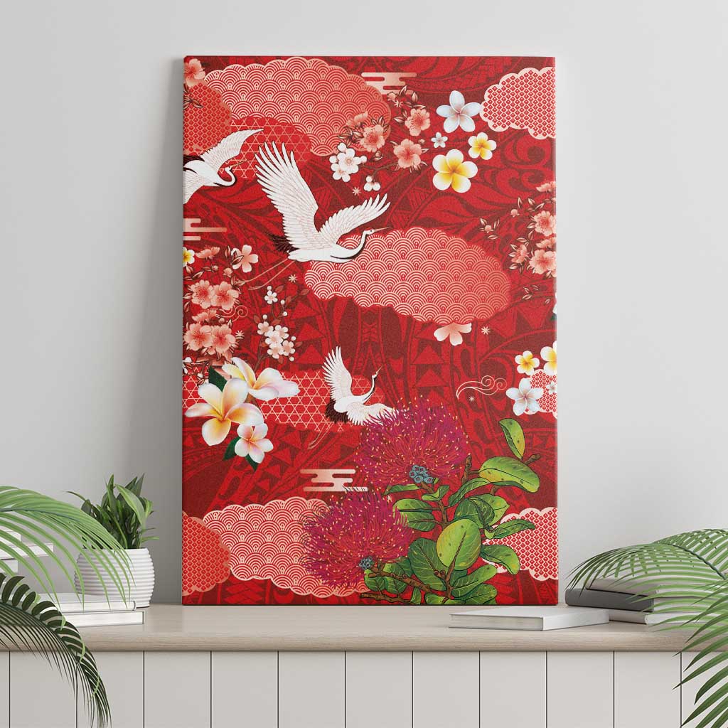 Hawaiian and Japanese Culture Together Canvas Wall Art Red Ohia Lehua Plumeria and Sakura Blooming - Polynesian Pride