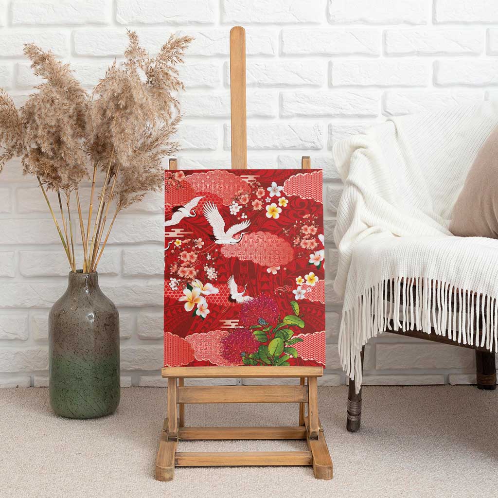Hawaiian and Japanese Culture Together Canvas Wall Art Red Ohia Lehua Plumeria and Sakura Blooming - Polynesian Pride