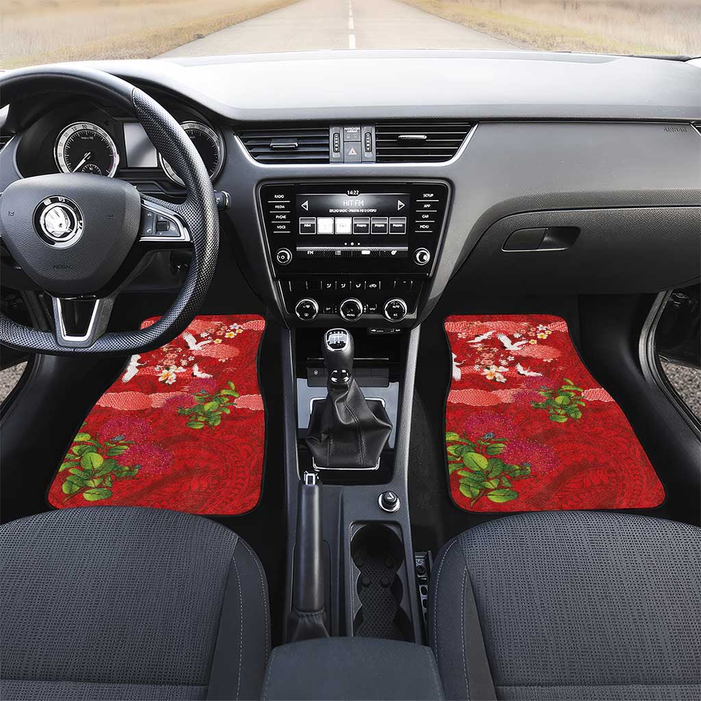 Hawaiian and Japanese Culture Together Car Mats Red Ohia Lehua Plumeria and Sakura Blooming - Polynesian Pride