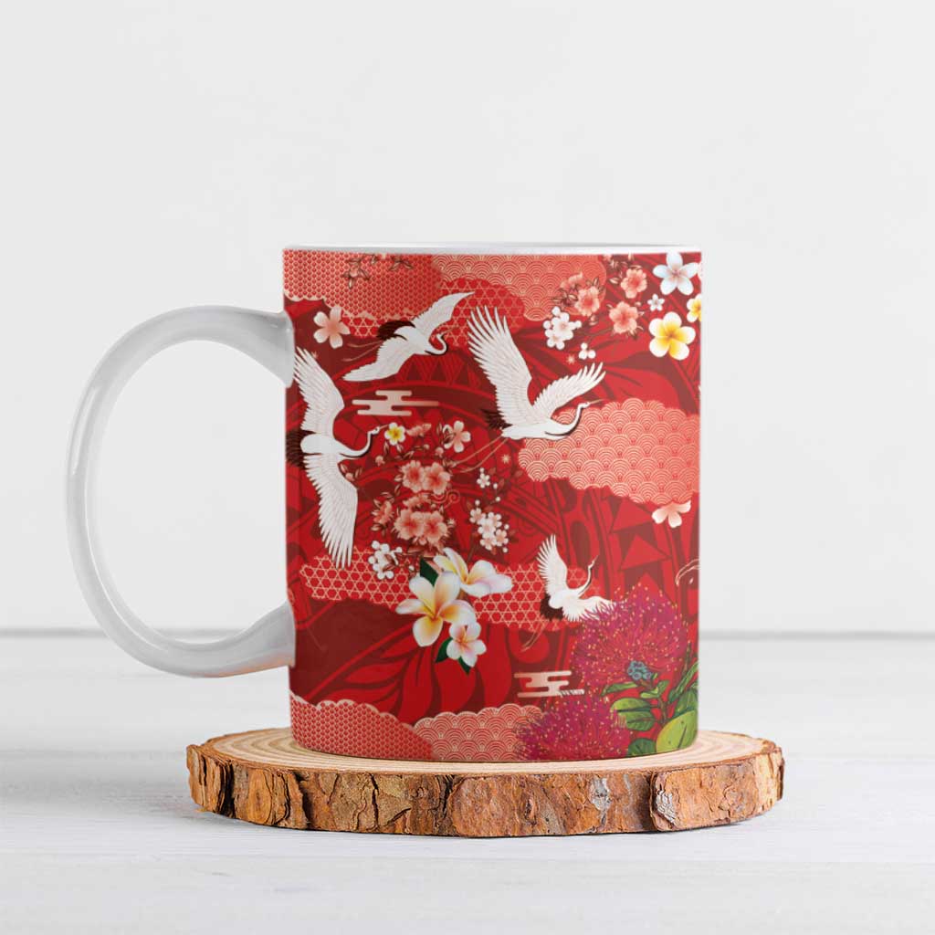 Hawaiian and Japanese Culture Together Ceramic Mug Red Ohia Lehua Plumeria and Sakura Blooming - Polynesian Pride