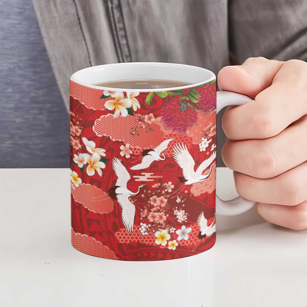 Hawaiian and Japanese Culture Together Ceramic Mug Red Ohia Lehua Plumeria and Sakura Blooming - Polynesian Pride