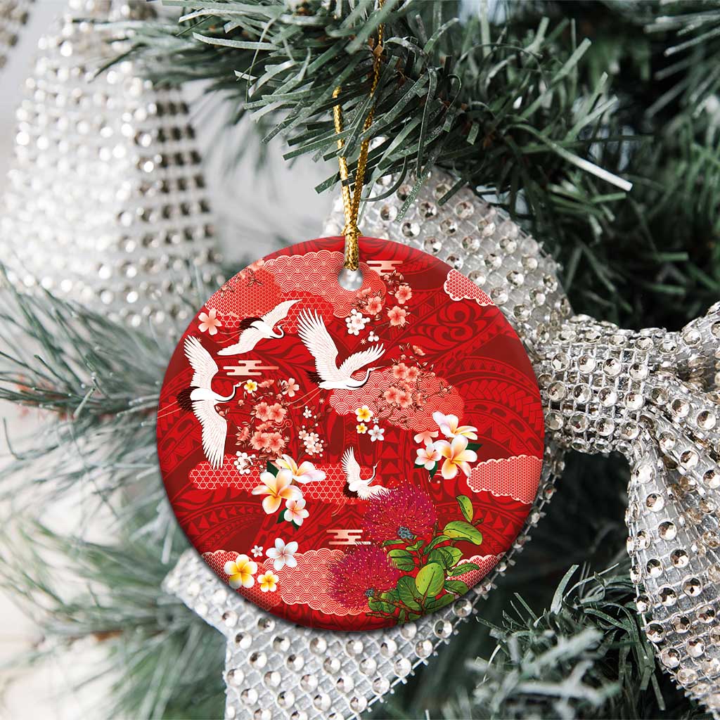 Hawaiian and Japanese Culture Together Ceramic Ornament Red Ohia Lehua Plumeria and Sakura Blooming - Polynesian Pride
