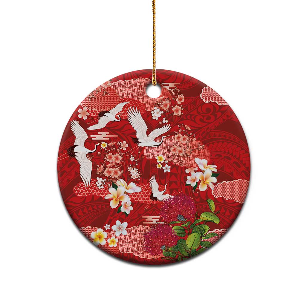 Hawaiian and Japanese Culture Together Ceramic Ornament Red Ohia Lehua Plumeria and Sakura Blooming - Polynesian Pride
