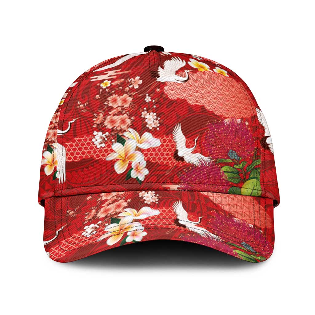 Hawaiian and Japanese Culture Together Classic Cap Red Ohia Lehua Plumeria and Sakura Blooming - Polynesian Pride