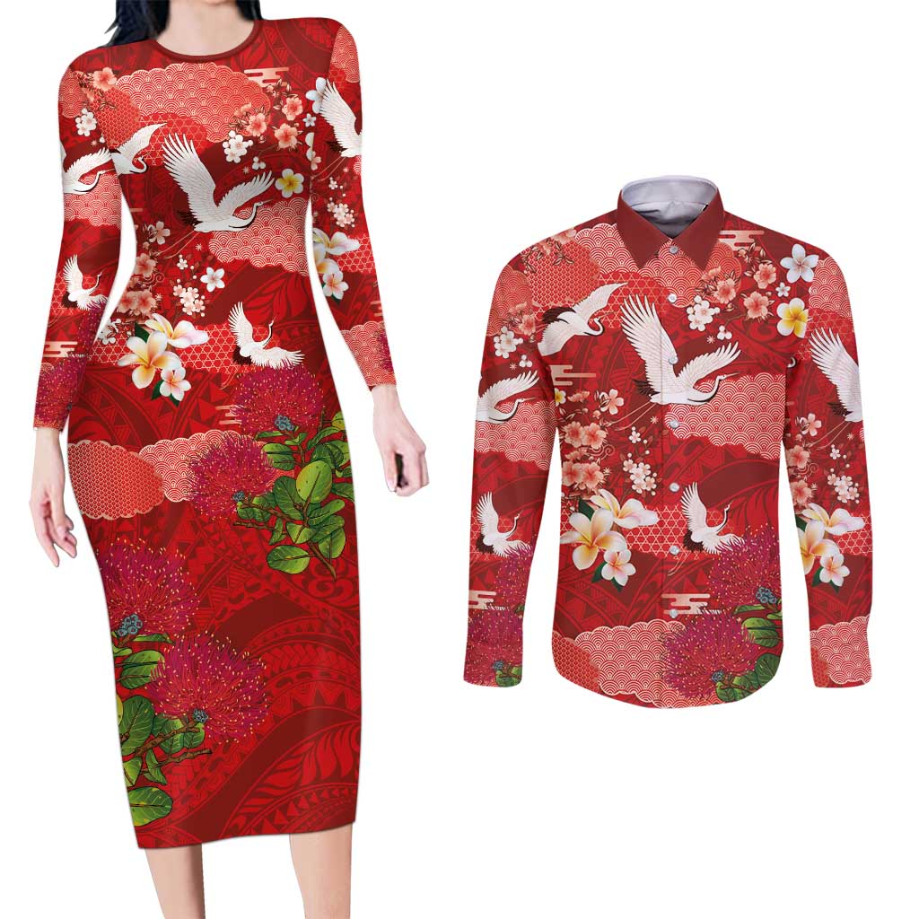 Hawaiian and Japanese Culture Together Couples Matching Long Sleeve Bodycon Dress and Long Sleeve Button Shirt Red Ohia Lehua Plumeria and Sakura Blooming - Polynesian Pride