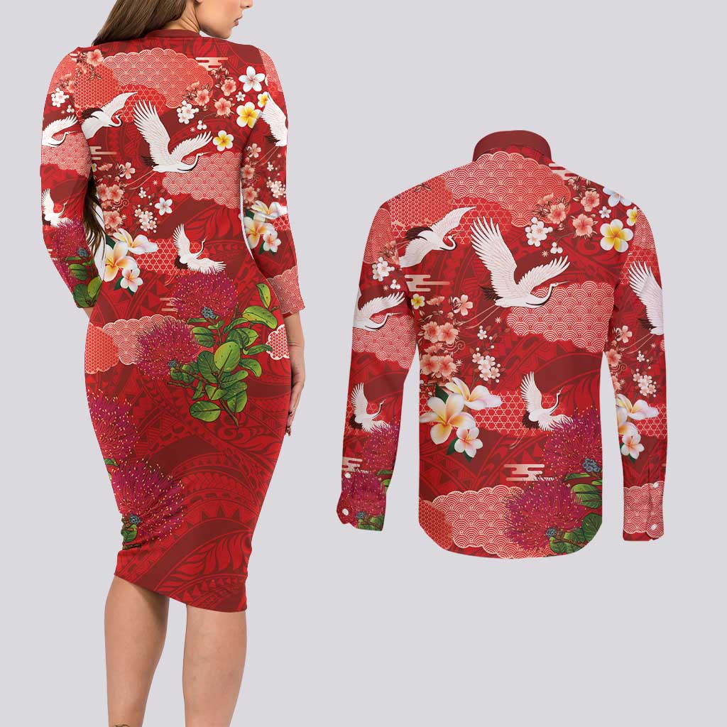 Hawaiian and Japanese Culture Together Couples Matching Long Sleeve Bodycon Dress and Long Sleeve Button Shirt Red Ohia Lehua Plumeria and Sakura Blooming - Polynesian Pride