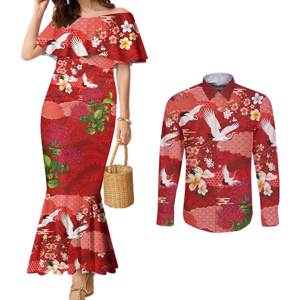 Hawaiian and Japanese Culture Together Couples Matching Mermaid Dress and Long Sleeve Button Shirt Red Ohia Lehua Plumeria and Sakura Blooming - Polynesian Pride