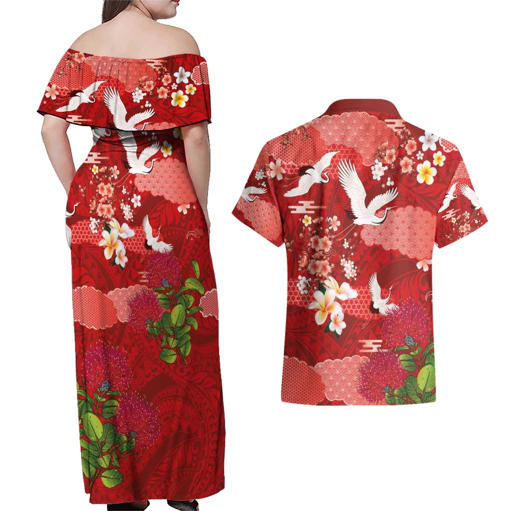 Hawaiian and Japanese Culture Together Couples Matching Off Shoulder Maxi Dress and Hawaiian Shirt Red Ohia Lehua Plumeria and Sakura Blooming - Polynesian Pride