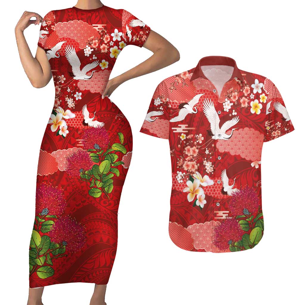 Hawaiian and Japanese Culture Together Couples Matching Short Sleeve Bodycon Dress and Hawaiian Shirt Red Ohia Lehua Plumeria and Sakura Blooming - Polynesian Pride