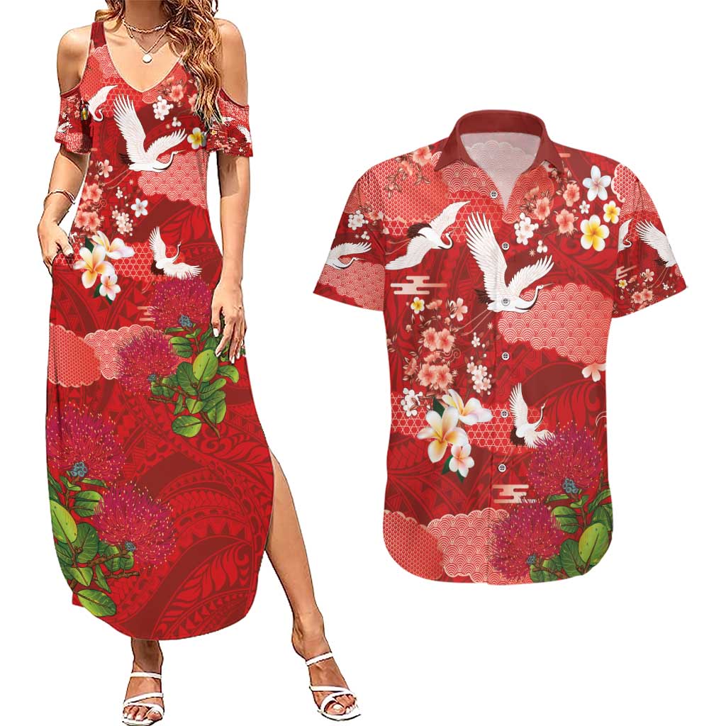 Hawaiian and Japanese Culture Together Couples Matching Summer Maxi Dress and Hawaiian Shirt Red Ohia Lehua Plumeria and Sakura Blooming - Polynesian Pride