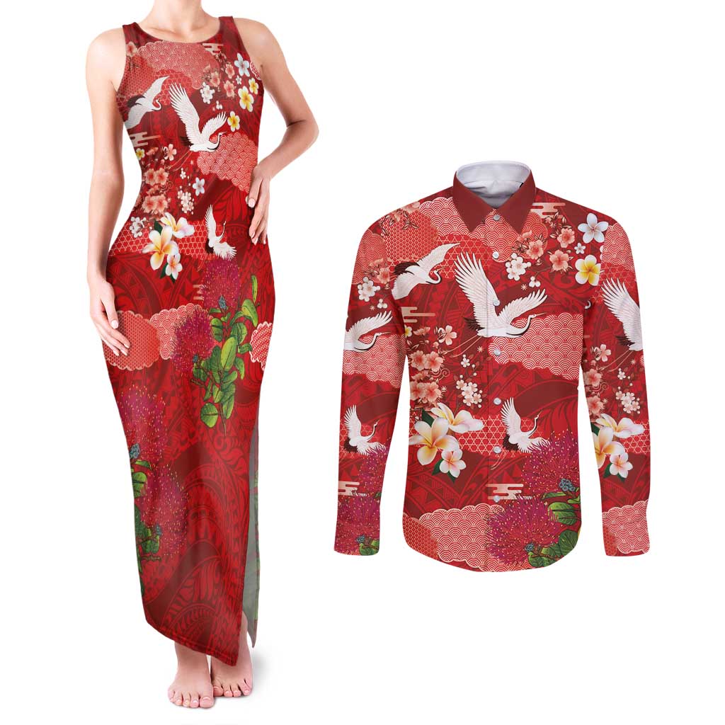 Hawaiian and Japanese Culture Together Couples Matching Tank Maxi Dress and Long Sleeve Button Shirt Red Ohia Lehua Plumeria and Sakura Blooming - Polynesian Pride