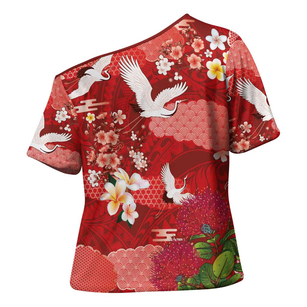Hawaiian and Japanese Culture Together Cross Shoulder Shirt Red Ohia Lehua Plumeria and Sakura Blooming - Polynesian Pride