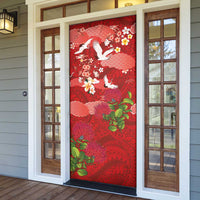Hawaiian and Japanese Culture Together Door Cover Red Ohia Lehua Plumeria and Sakura Blooming - Polynesian Pride