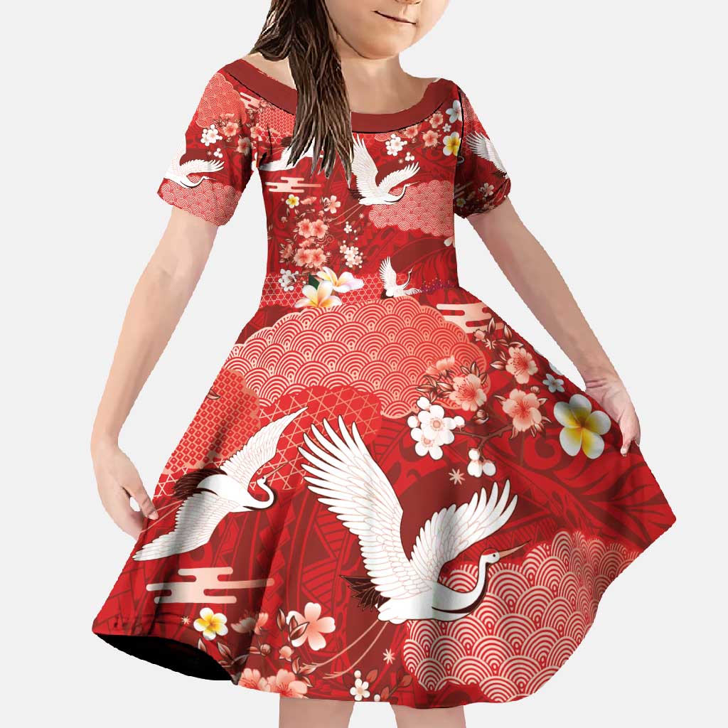 Hawaiian and Japanese Culture Together Family Matching Long Sleeve Bodycon Dress and Hawaiian Shirt Red Ohia Lehua Plumeria and Sakura Blooming - Polynesian Pride