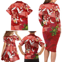 Hawaiian and Japanese Culture Together Family Matching Long Sleeve Bodycon Dress and Hawaiian Shirt Red Ohia Lehua Plumeria and Sakura Blooming - Polynesian Pride