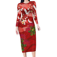Hawaiian and Japanese Culture Together Family Matching Long Sleeve Bodycon Dress and Hawaiian Shirt Red Ohia Lehua Plumeria and Sakura Blooming - Polynesian Pride