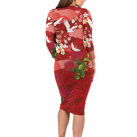 Hawaiian and Japanese Culture Together Family Matching Long Sleeve Bodycon Dress and Hawaiian Shirt Red Ohia Lehua Plumeria and Sakura Blooming - Polynesian Pride