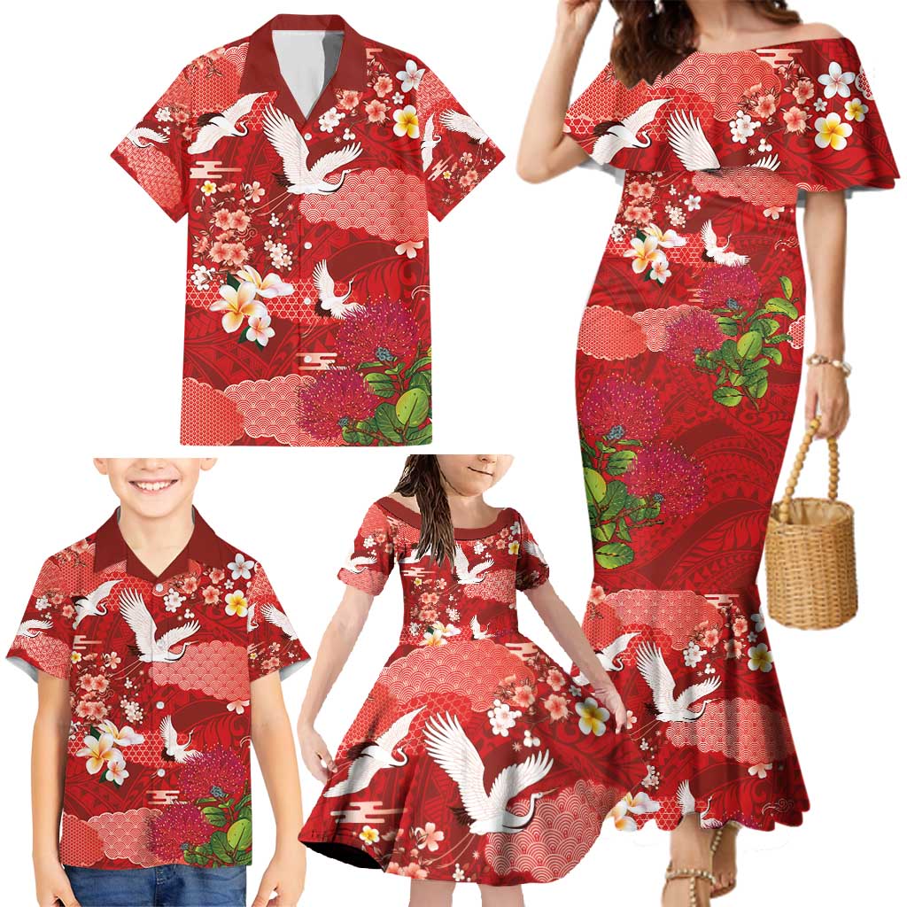 Hawaiian and Japanese Culture Together Family Matching Mermaid Dress and Hawaiian Shirt Red Ohia Lehua Plumeria and Sakura Blooming - Polynesian Pride