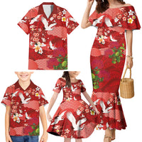 Hawaiian and Japanese Culture Together Family Matching Mermaid Dress and Hawaiian Shirt Red Ohia Lehua Plumeria and Sakura Blooming - Polynesian Pride