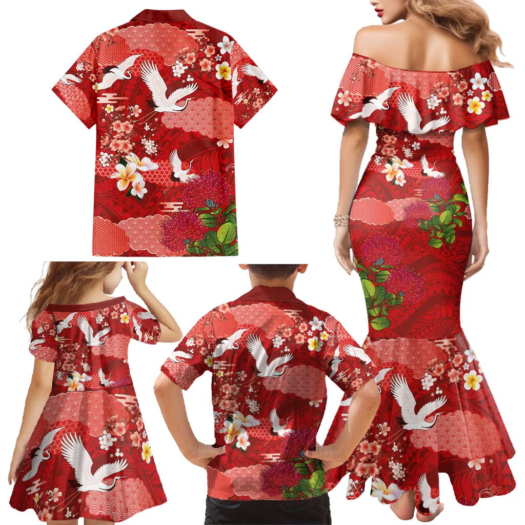 Hawaiian and Japanese Culture Together Family Matching Mermaid Dress and Hawaiian Shirt Red Ohia Lehua Plumeria and Sakura Blooming - Polynesian Pride