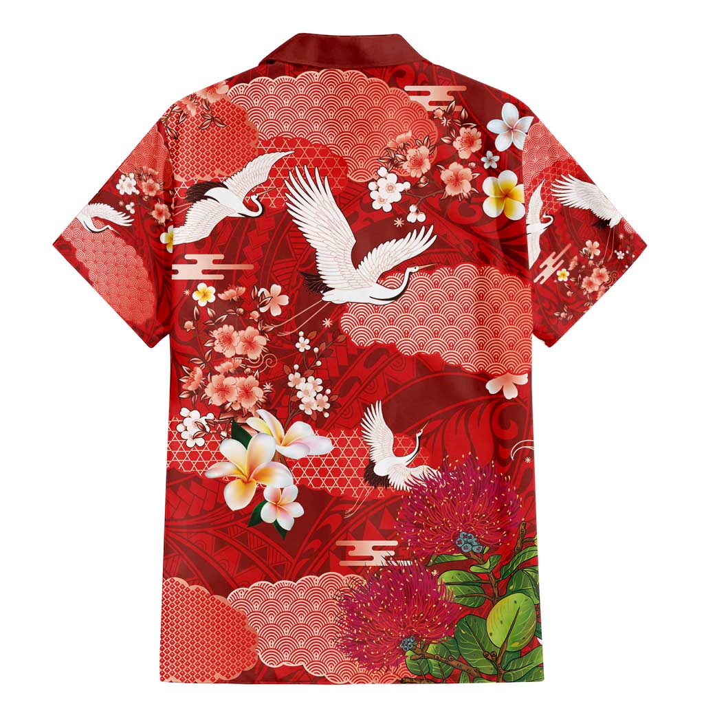 Hawaiian and Japanese Culture Together Family Matching Mermaid Dress and Hawaiian Shirt Red Ohia Lehua Plumeria and Sakura Blooming - Polynesian Pride