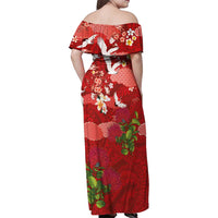 Hawaiian and Japanese Culture Together Family Matching Off Shoulder Maxi Dress and Hawaiian Shirt Red Ohia Lehua Plumeria and Sakura Blooming - Polynesian Pride