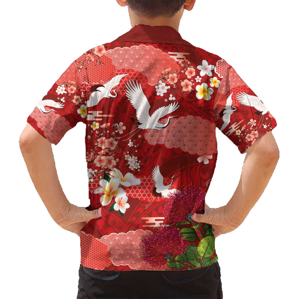 Hawaiian and Japanese Culture Together Family Matching Off Shoulder Short Dress and Hawaiian Shirt Red Ohia Lehua Plumeria and Sakura Blooming - Polynesian Pride