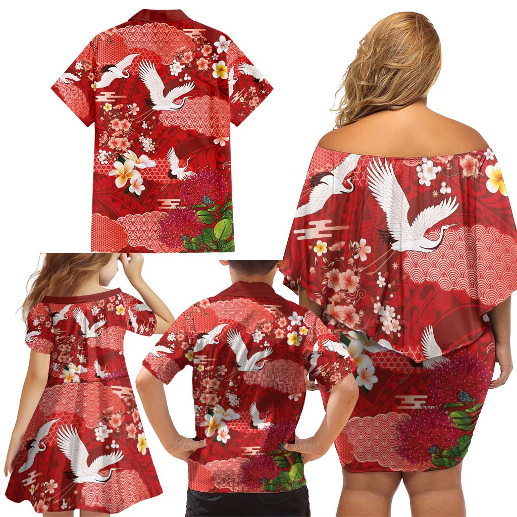 Hawaiian and Japanese Culture Together Family Matching Off Shoulder Short Dress and Hawaiian Shirt Red Ohia Lehua Plumeria and Sakura Blooming - Polynesian Pride