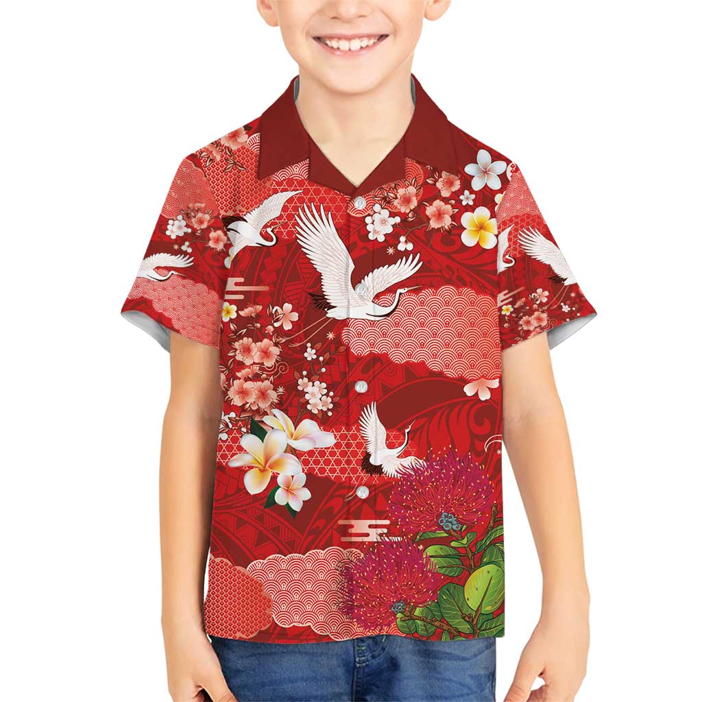 Hawaiian and Japanese Culture Together Family Matching Off Shoulder Short Dress and Hawaiian Shirt Red Ohia Lehua Plumeria and Sakura Blooming - Polynesian Pride