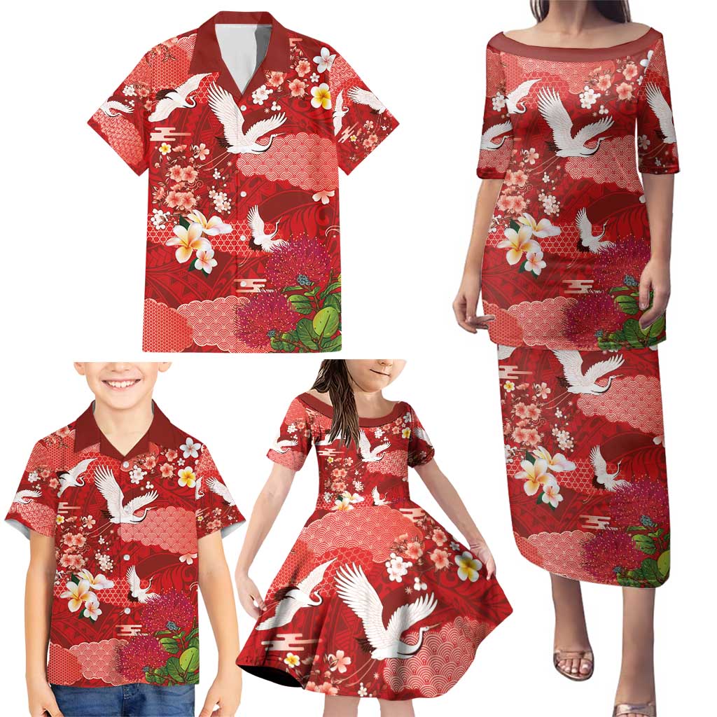 Hawaiian and Japanese Culture Together Family Matching Puletasi and Hawaiian Shirt Red Ohia Lehua Plumeria and Sakura Blooming - Polynesian Pride