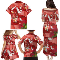 Hawaiian and Japanese Culture Together Family Matching Puletasi and Hawaiian Shirt Red Ohia Lehua Plumeria and Sakura Blooming - Polynesian Pride