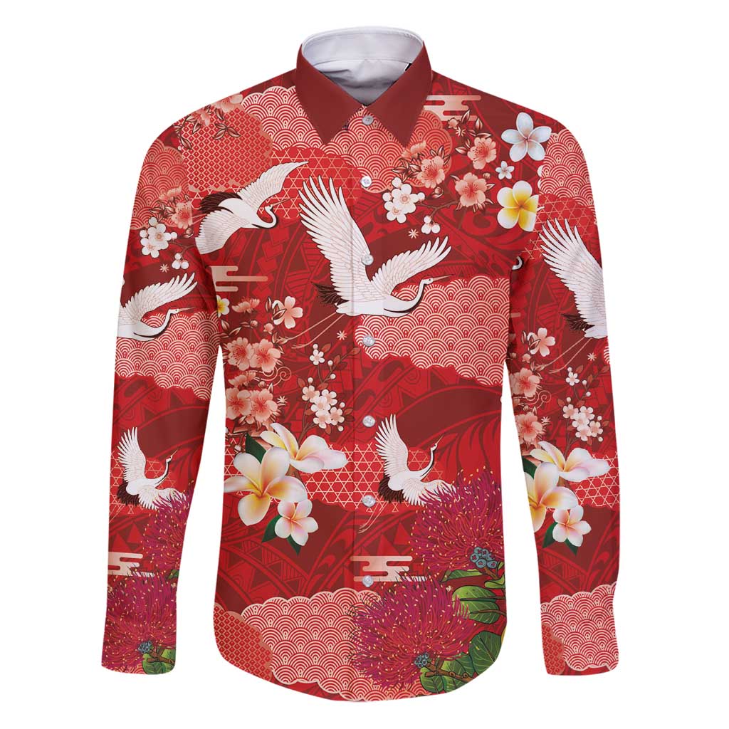 Hawaiian and Japanese Culture Together Family Matching Puletasi and Hawaiian Shirt Red Ohia Lehua Plumeria and Sakura Blooming - Polynesian Pride