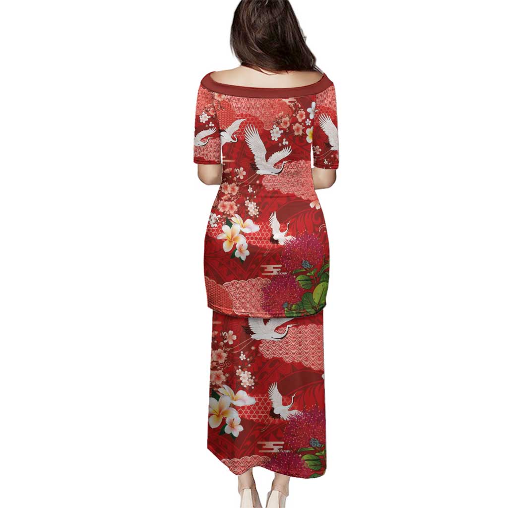 Hawaiian and Japanese Culture Together Family Matching Puletasi and Hawaiian Shirt Red Ohia Lehua Plumeria and Sakura Blooming - Polynesian Pride