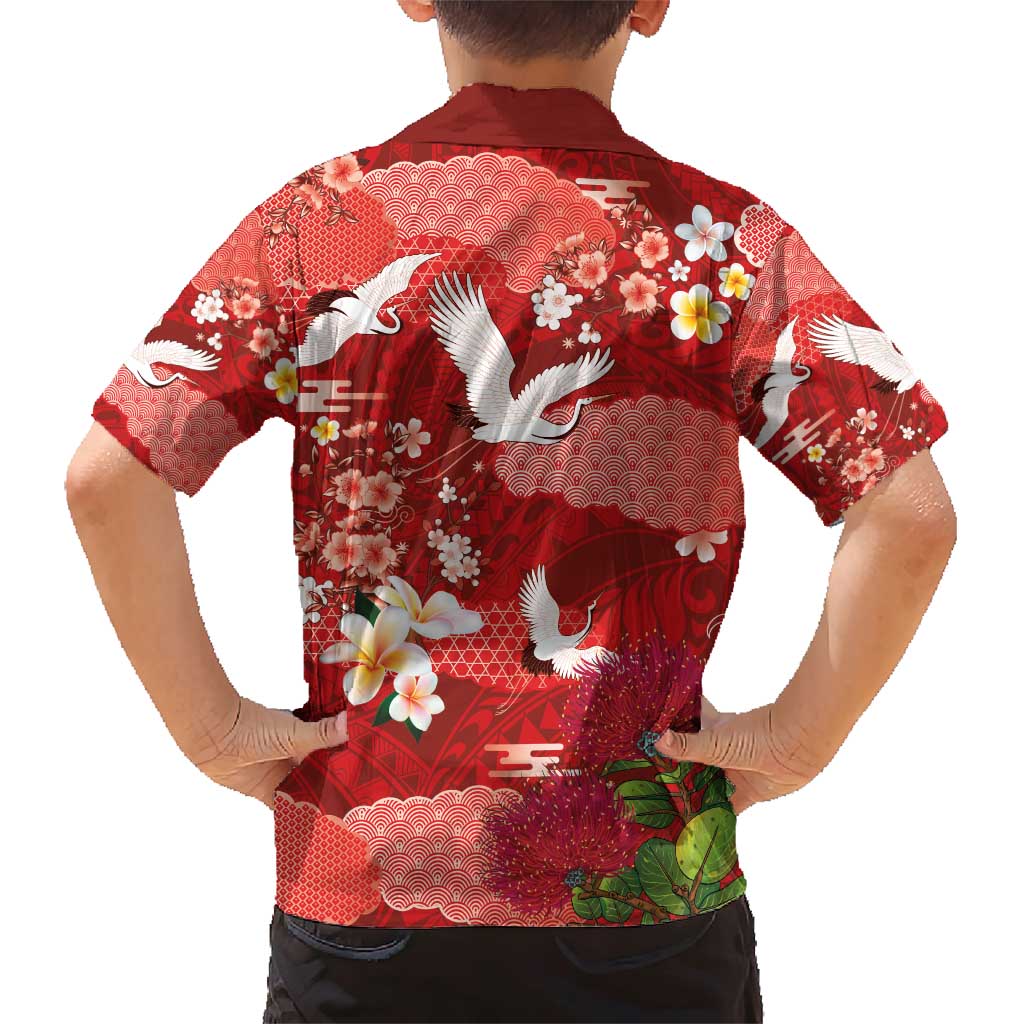 Hawaiian and Japanese Culture Together Family Matching Short Sleeve Bodycon Dress and Hawaiian Shirt Red Ohia Lehua Plumeria and Sakura Blooming - Polynesian Pride