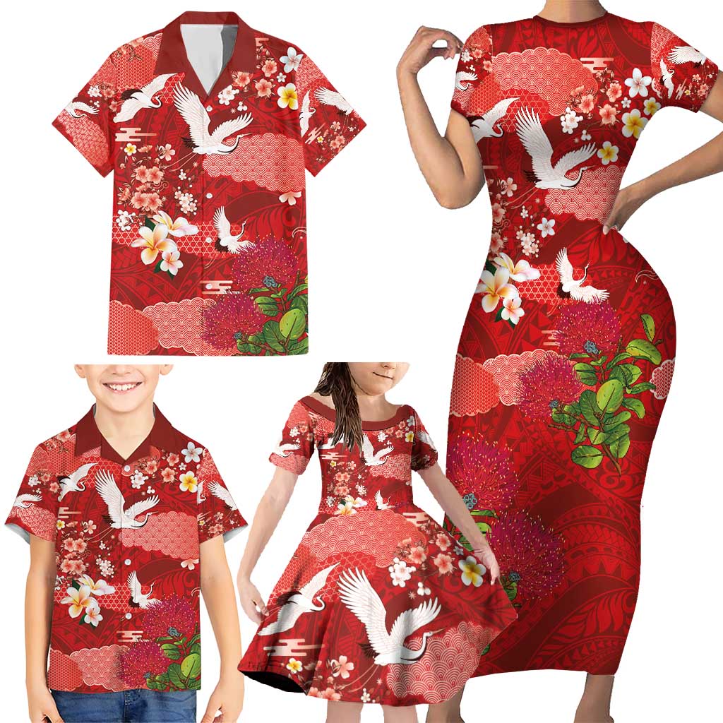 Hawaiian and Japanese Culture Together Family Matching Short Sleeve Bodycon Dress and Hawaiian Shirt Red Ohia Lehua Plumeria and Sakura Blooming - Polynesian Pride
