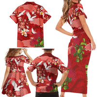 Hawaiian and Japanese Culture Together Family Matching Short Sleeve Bodycon Dress and Hawaiian Shirt Red Ohia Lehua Plumeria and Sakura Blooming - Polynesian Pride