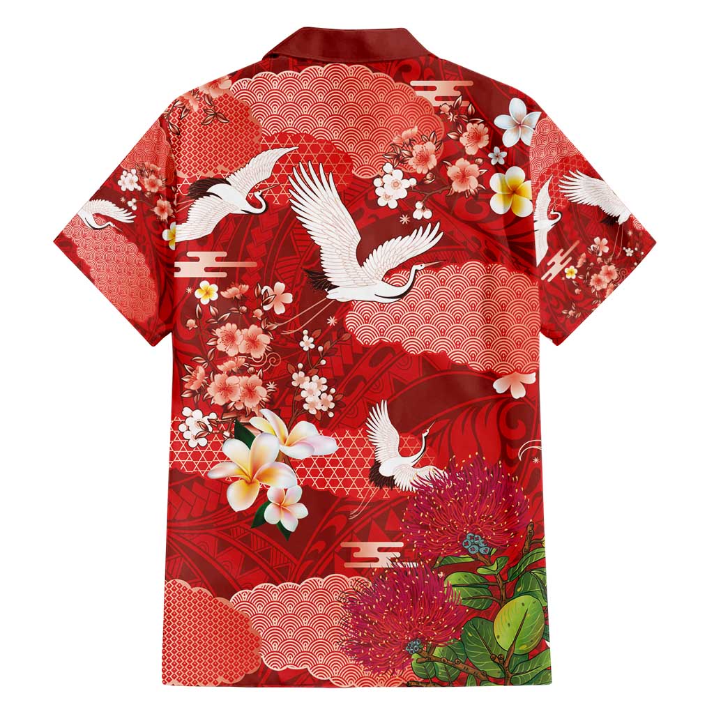 Hawaiian and Japanese Culture Together Family Matching Short Sleeve Bodycon Dress and Hawaiian Shirt Red Ohia Lehua Plumeria and Sakura Blooming - Polynesian Pride