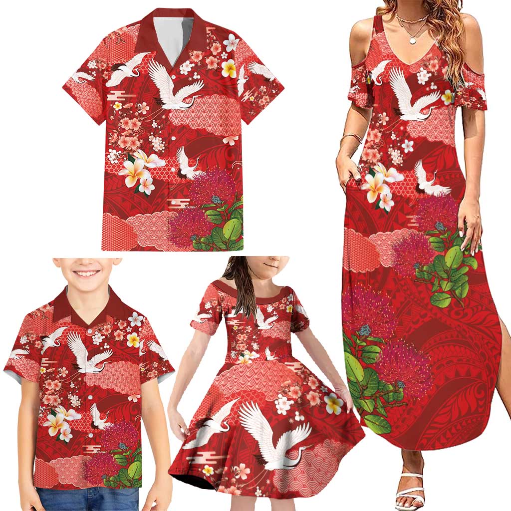 Hawaiian and Japanese Culture Together Family Matching Summer Maxi Dress and Hawaiian Shirt Red Ohia Lehua Plumeria and Sakura Blooming - Polynesian Pride