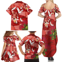 Hawaiian and Japanese Culture Together Family Matching Summer Maxi Dress and Hawaiian Shirt Red Ohia Lehua Plumeria and Sakura Blooming - Polynesian Pride