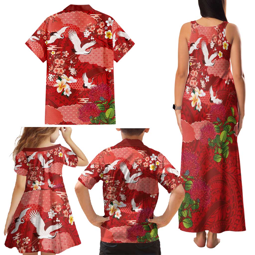 Hawaiian and Japanese Culture Together Family Matching Tank Maxi Dress and Hawaiian Shirt Red Ohia Lehua Plumeria and Sakura Blooming - Polynesian Pride