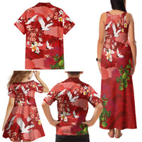 Hawaiian and Japanese Culture Together Family Matching Tank Maxi Dress and Hawaiian Shirt Red Ohia Lehua Plumeria and Sakura Blooming - Polynesian Pride