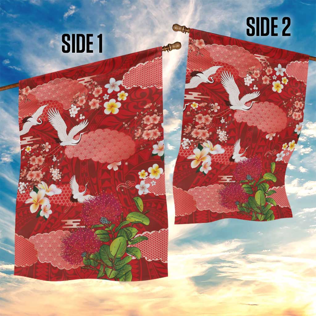Hawaiian and Japanese Culture Together Garden Flag Red Ohia Lehua Plumeria and Sakura Blooming - Polynesian Pride