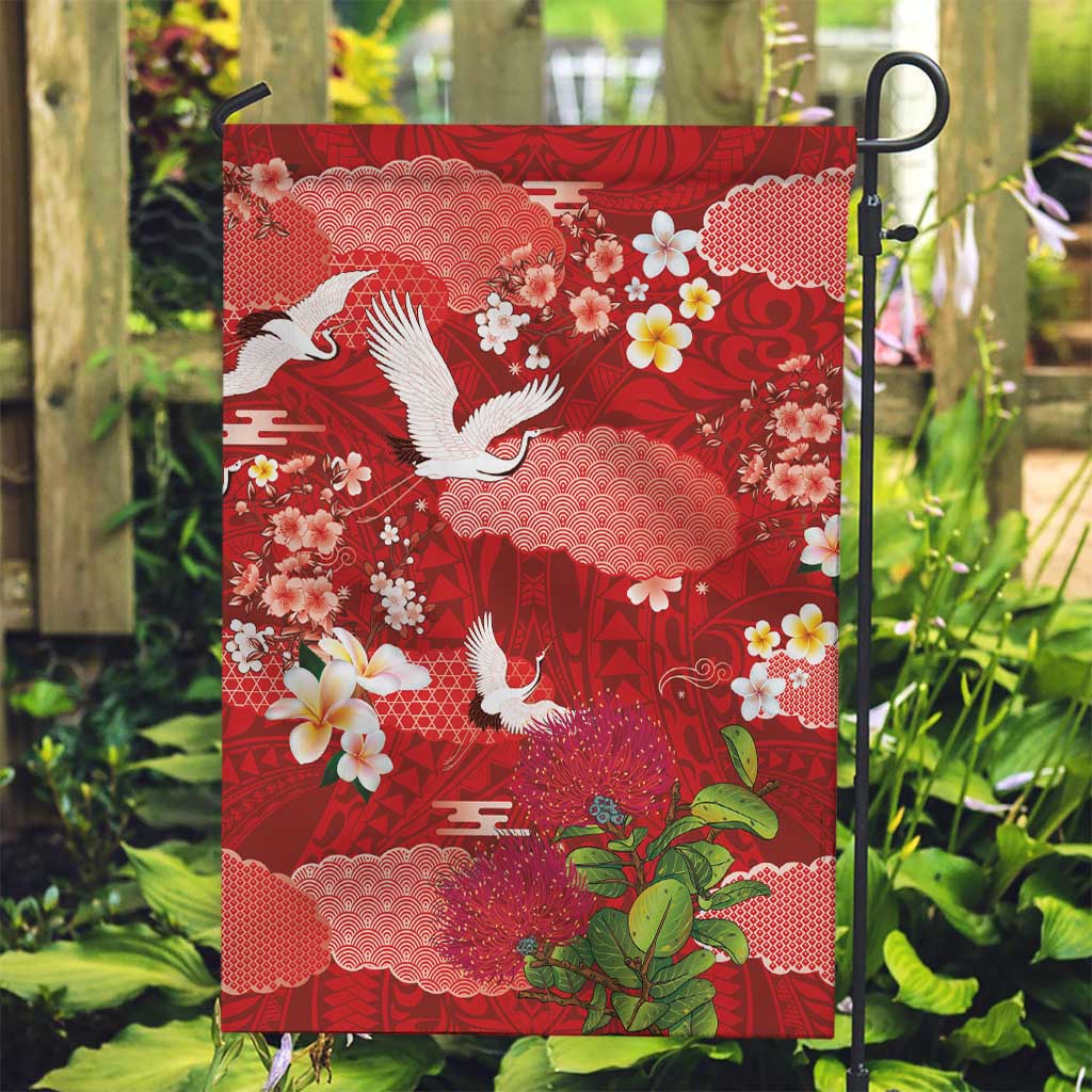 Hawaiian and Japanese Culture Together Garden Flag Red Ohia Lehua Plumeria and Sakura Blooming - Polynesian Pride