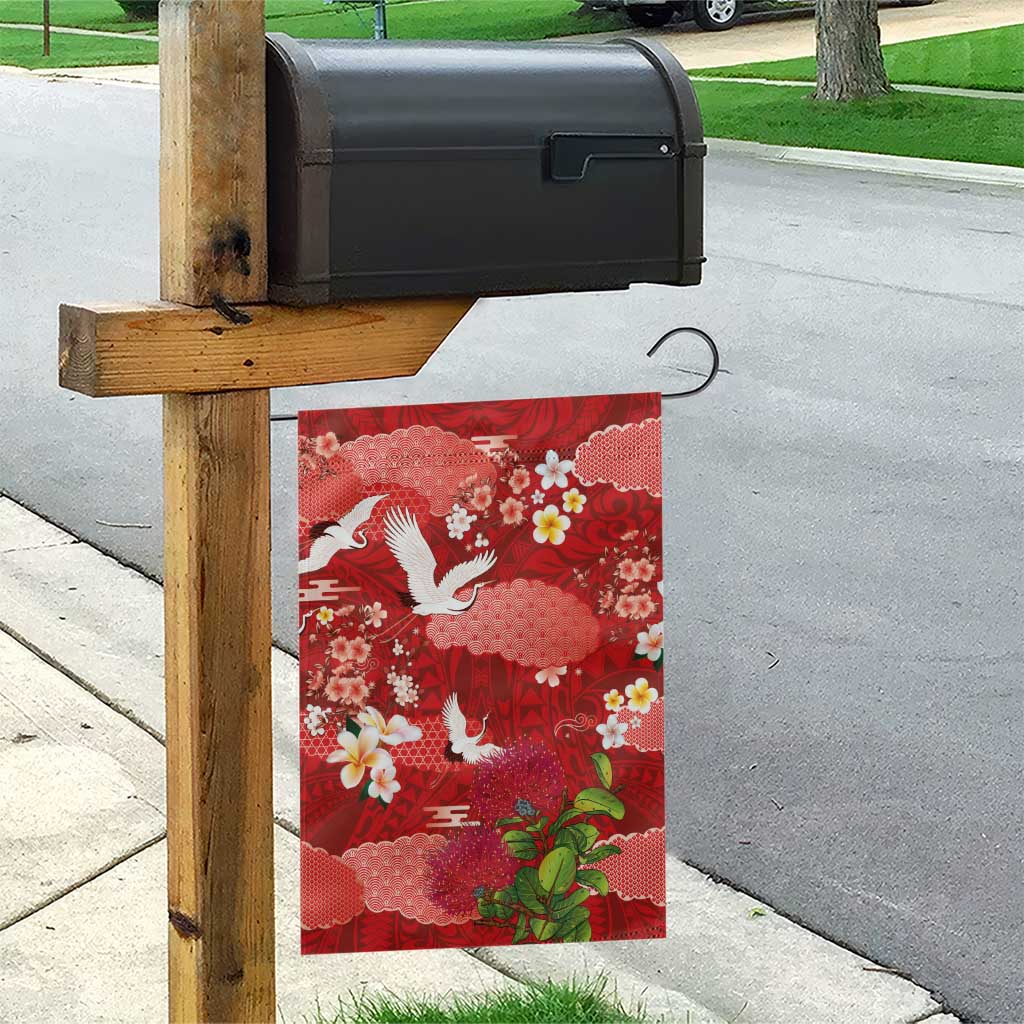 Hawaiian and Japanese Culture Together Garden Flag Red Ohia Lehua Plumeria and Sakura Blooming - Polynesian Pride