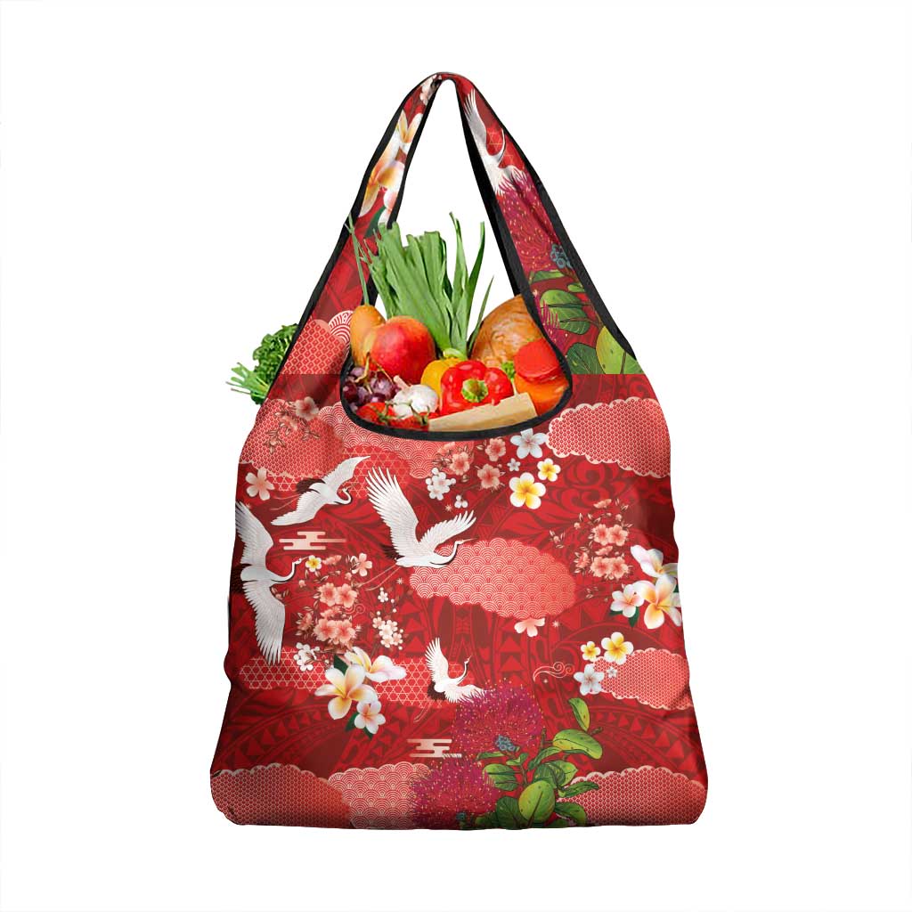 Hawaiian and Japanese Culture Together Grocery Bag Red Ohia Lehua Plumeria and Sakura Blooming - Polynesian Pride