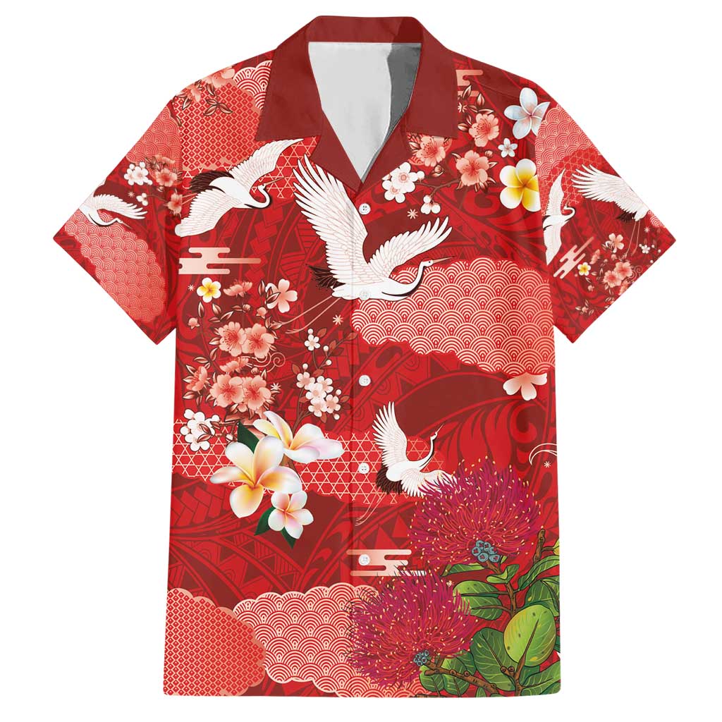 Hawaiian and Japanese Culture Together Hawaiian Shirt Red Ohia Lehua Plumeria and Sakura Blooming - Polynesian Pride
